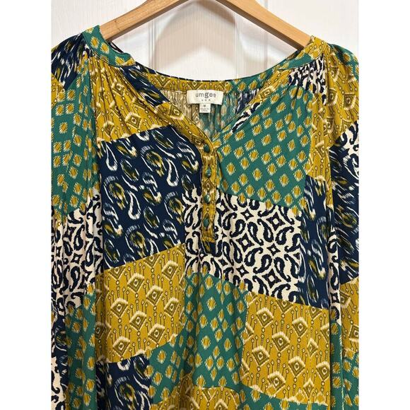 Umgee Women M Navy And Chartreuse Patchwork Blouse Long Sleeve Bold Boho - Picture 2 of 8